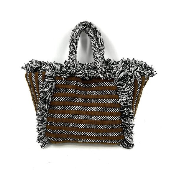 Anthropologie Handbags - ANTHROPOLOGIE Olive Green White Black Gabi Braided Fringe Boho Festival Tote Bag